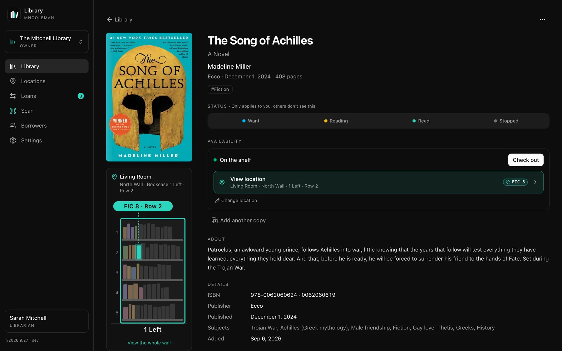 A book's page on a computer: The Song of Achilles with its cover, reading status, shelf location with the bookcase drawn, and description.