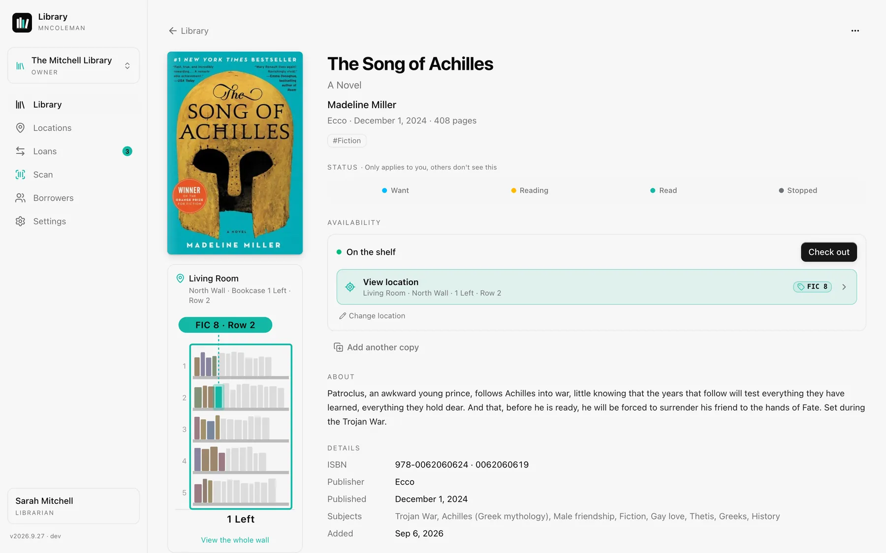 A book's page on a computer: The Song of Achilles with its cover, reading status, shelf location with the bookcase drawn, and description.