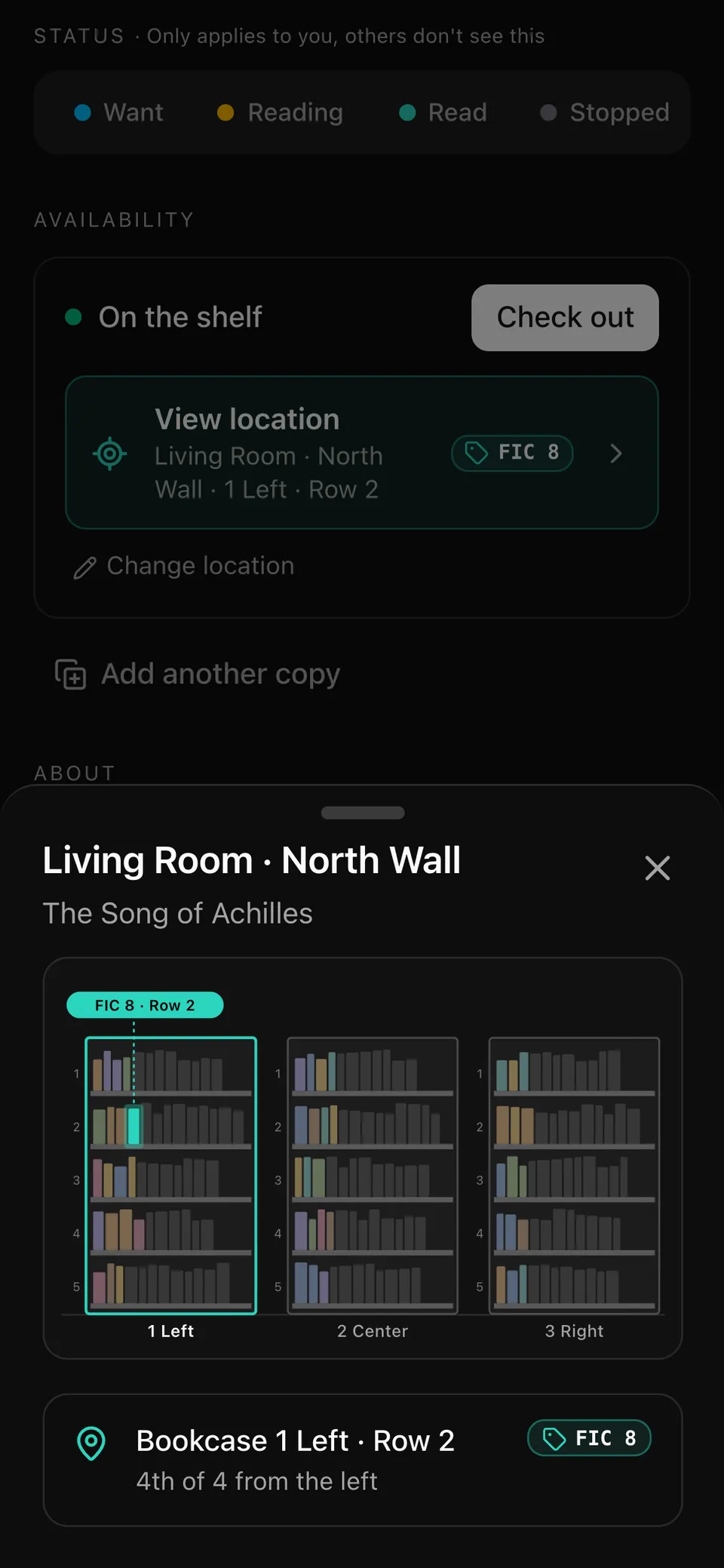 A book's location on a phone: Living Room, North Wall, bookcase 1 Left, row 2 highlighted, label FIC 8.