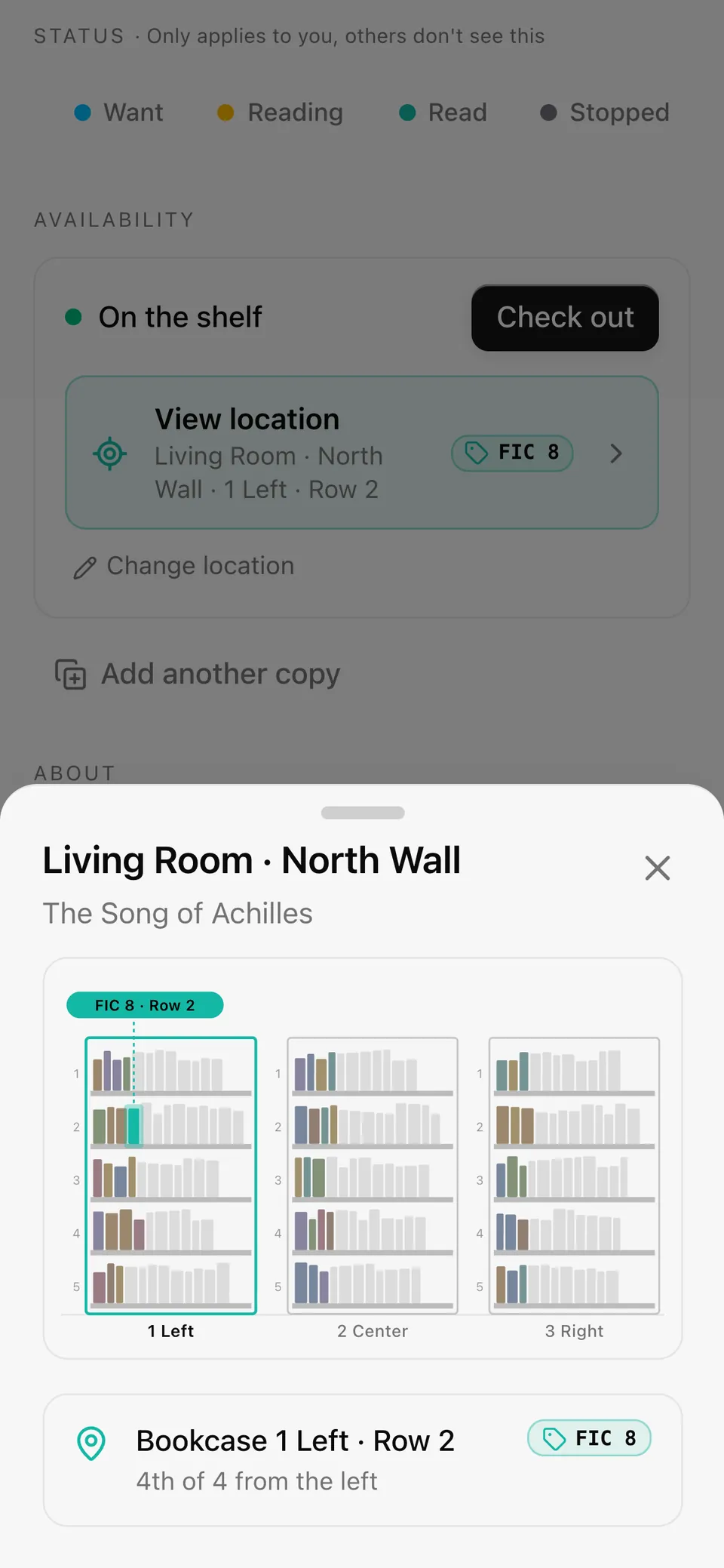 A book's location on a phone: Living Room, North Wall, bookcase 1 Left, row 2 highlighted, label FIC 8.