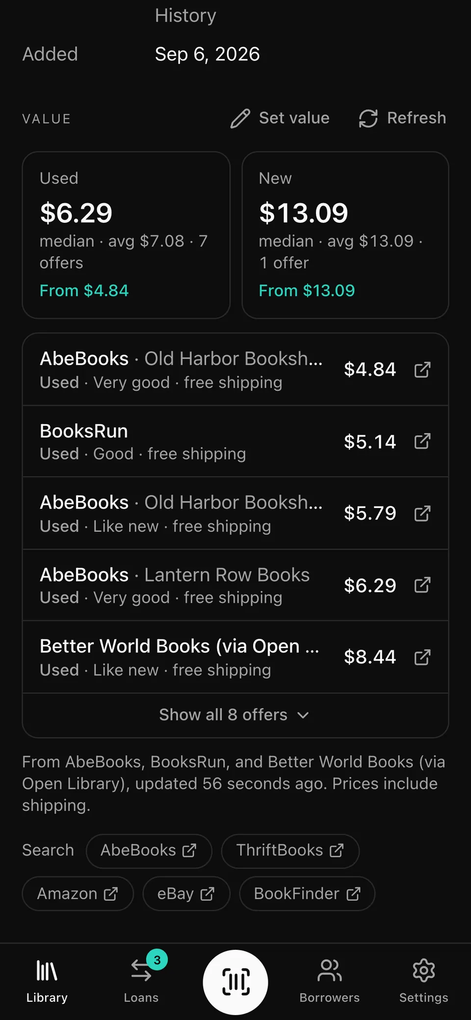 One book's value on a phone: used median $6.29, new $13.09, and offers from several sellers.
