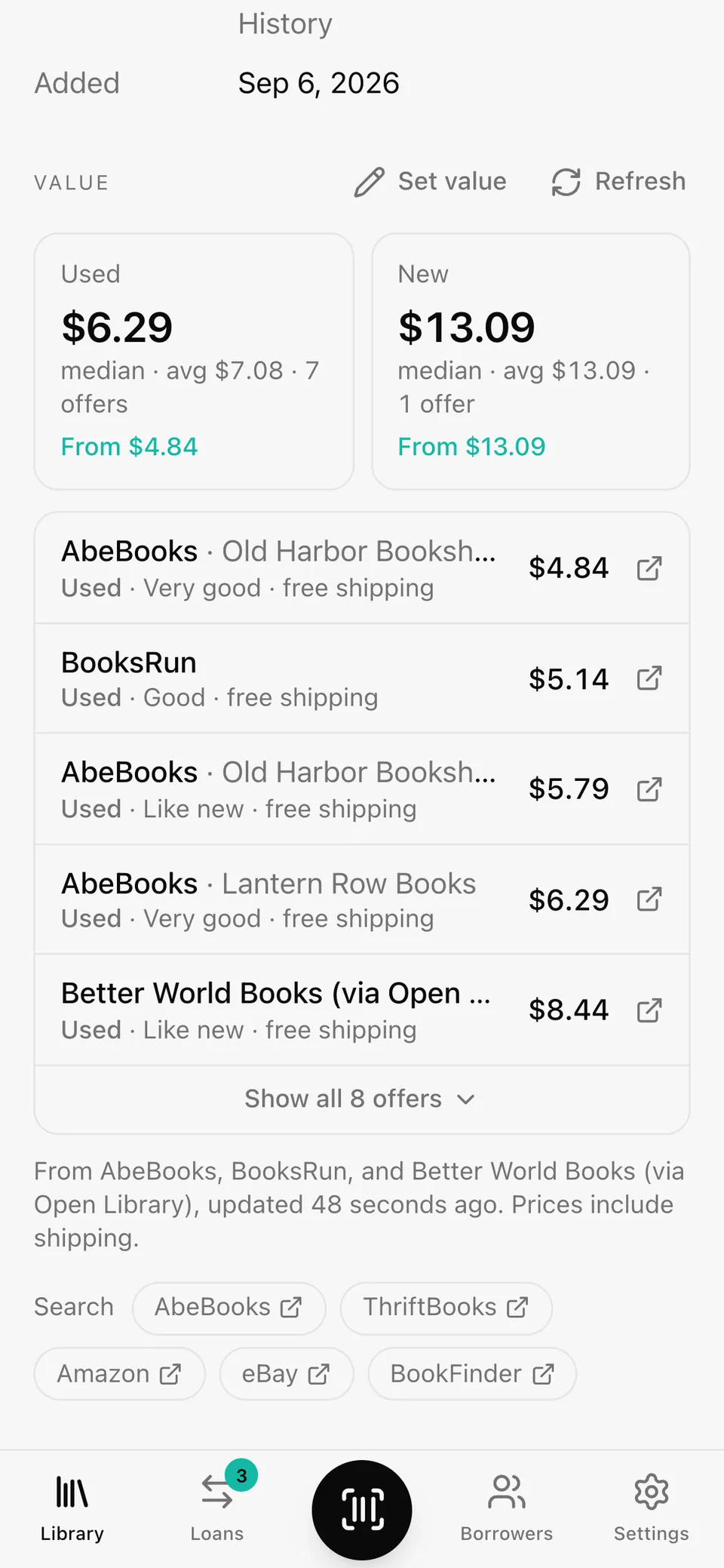 One book's value on a phone: used median $6.29, new $13.09, and offers from several sellers.