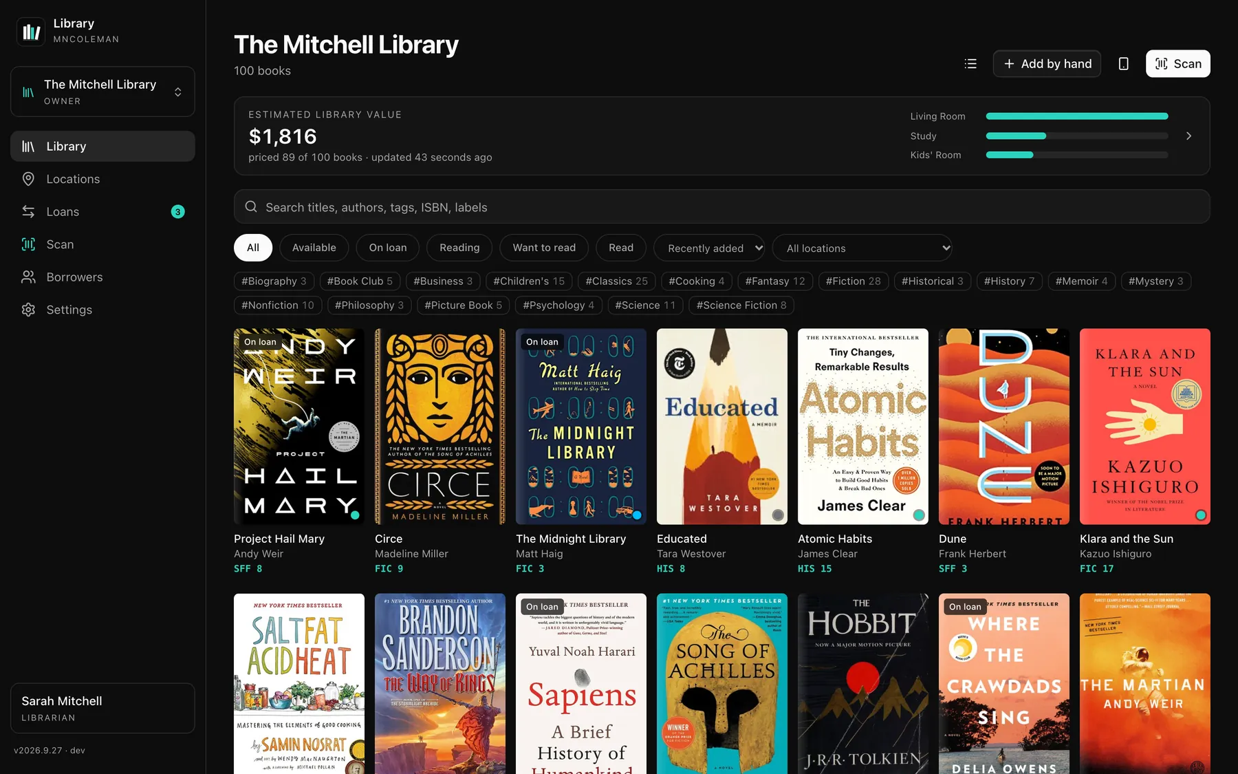 The library grid on a computer: book covers with shelf labels, an estimated library value of about $1,800, and filters for reading status and tags.