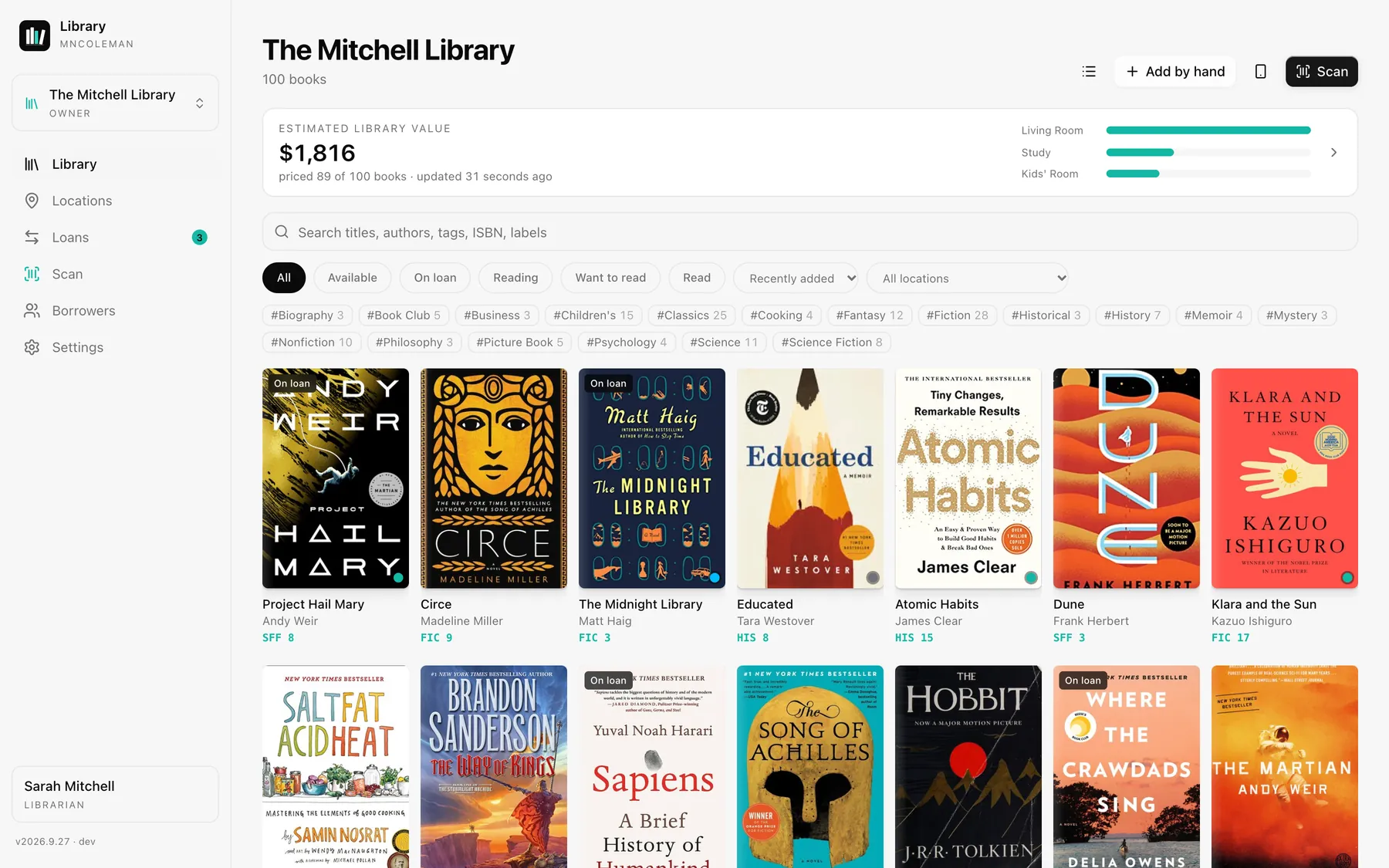 The library grid on a computer: book covers with shelf labels, an estimated library value of about $1,800, and filters for reading status and tags.