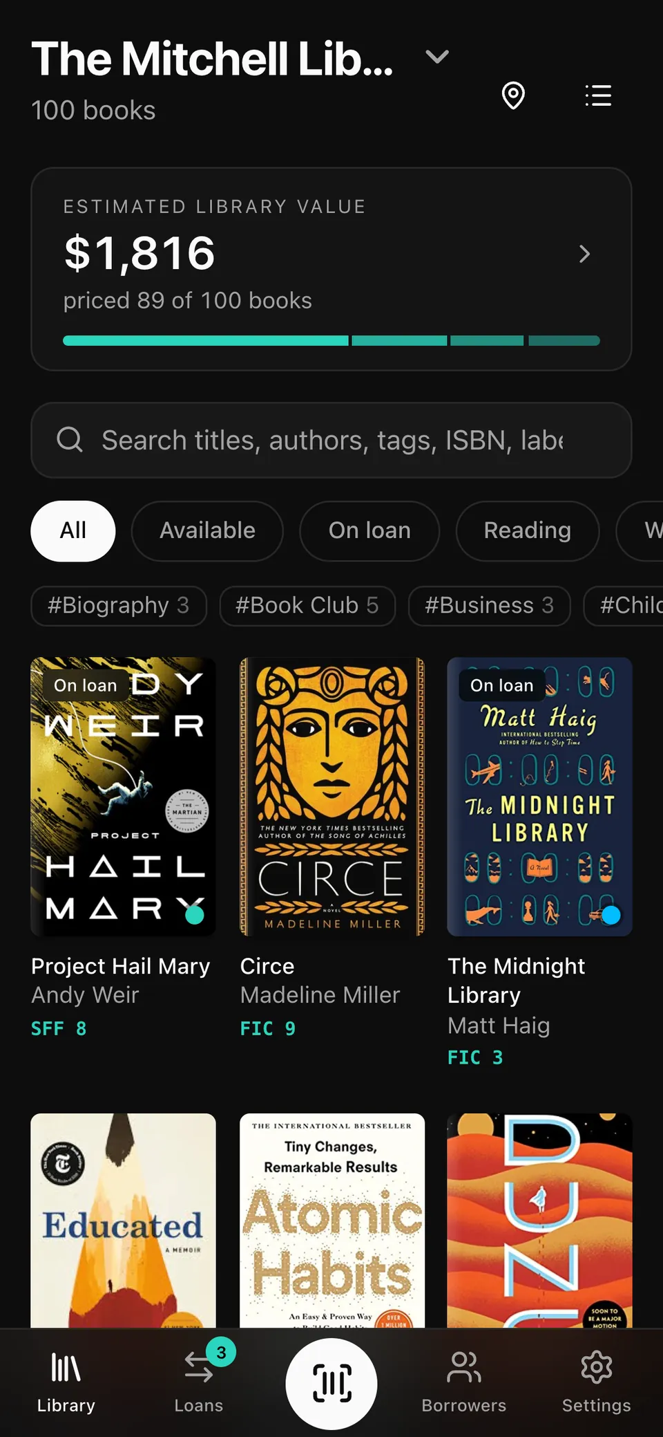 The same library on a phone: covers in a grid with shelf labels like FIC 9 and SFF 8.
