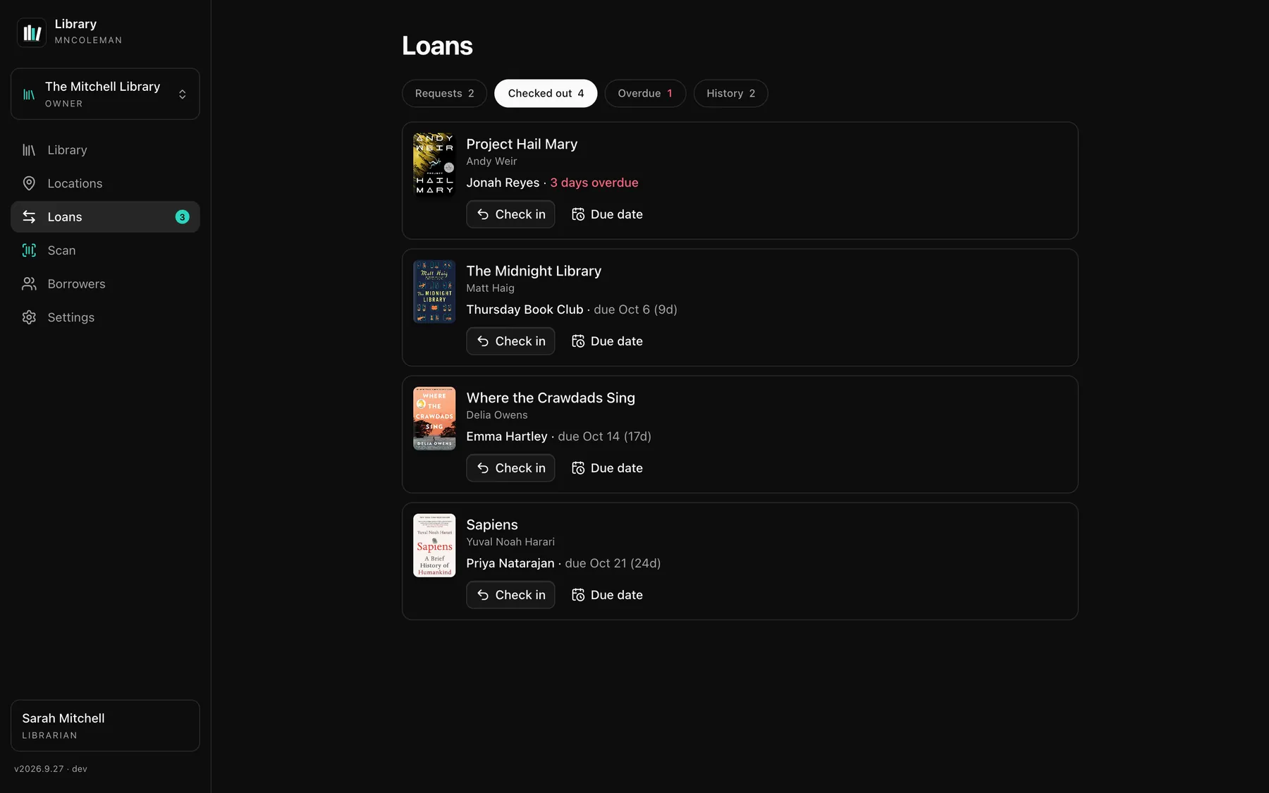 Loans on a computer: four books checked out, one three days overdue, with check-in and due date buttons.