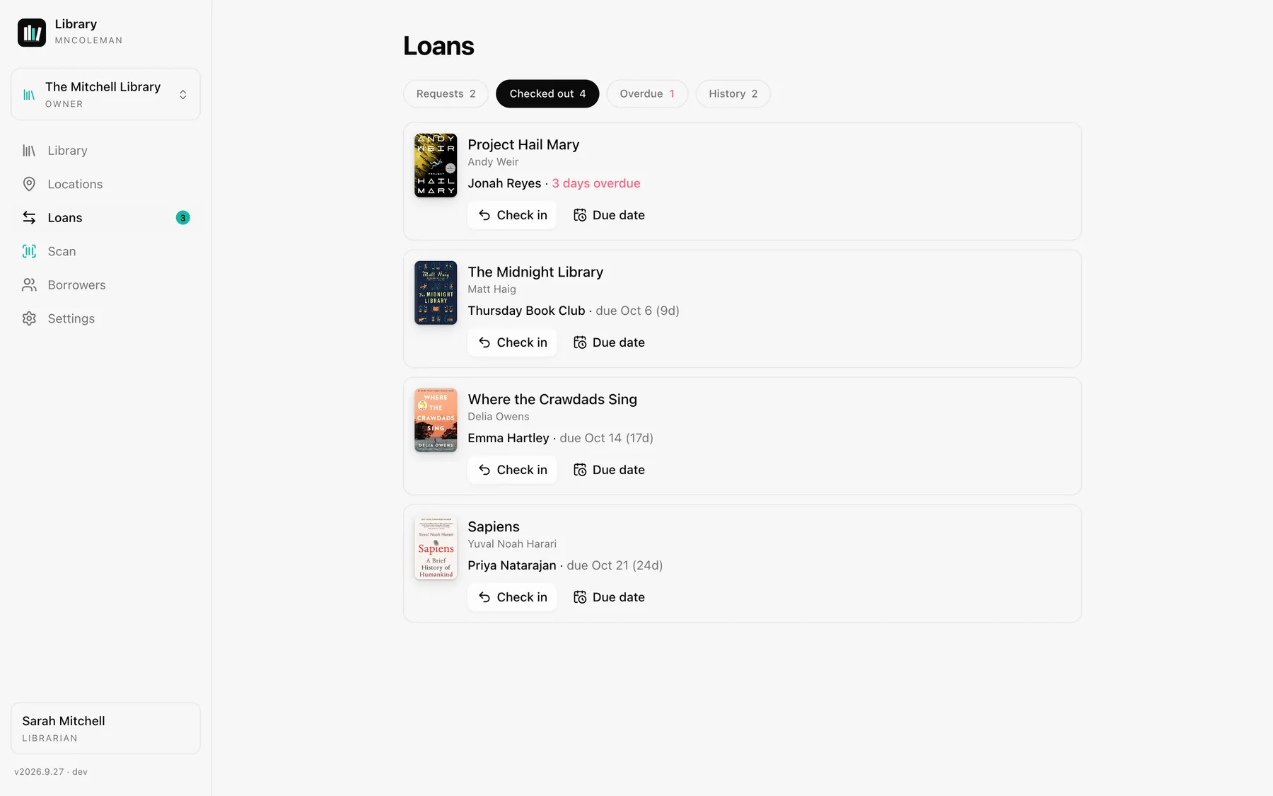 Loans on a computer: four books checked out, one three days overdue, with check-in and due date buttons.