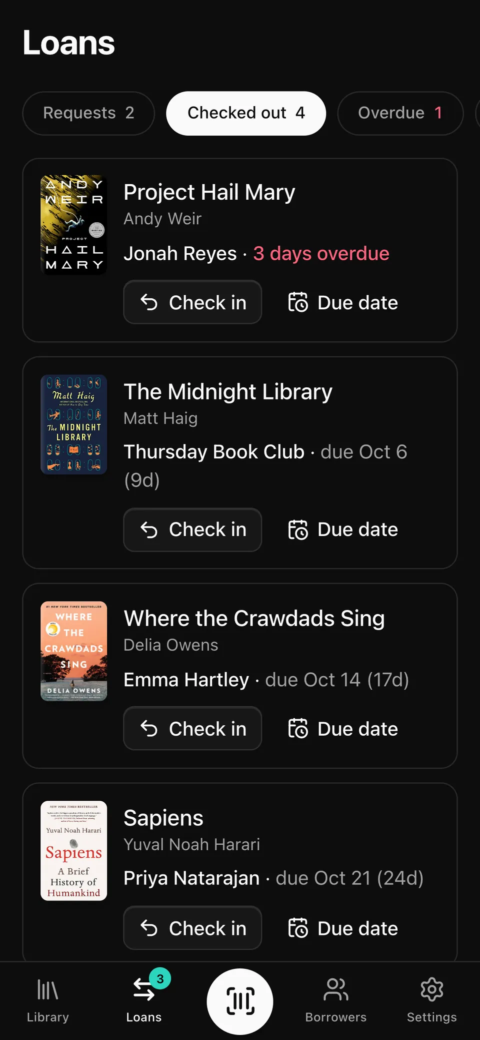 Loans on a phone: who has each book and when it's due.