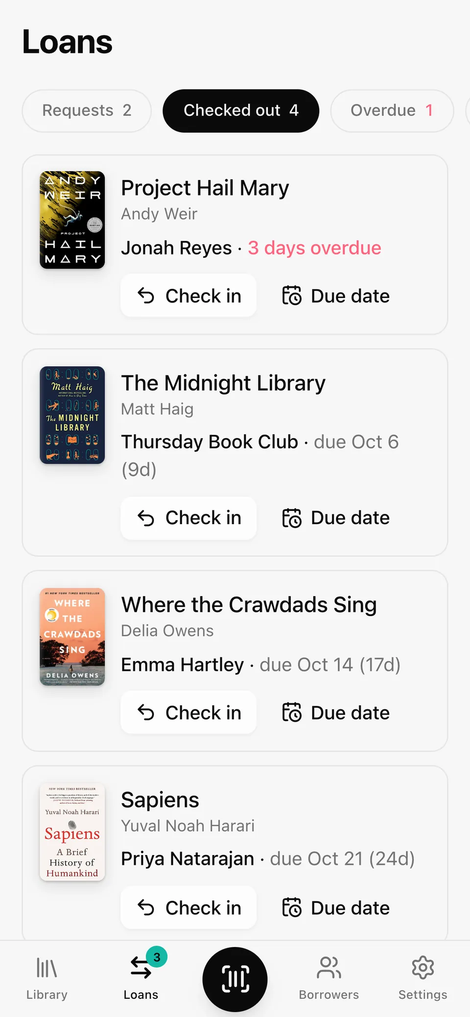 Loans on a phone: who has each book and when it's due.