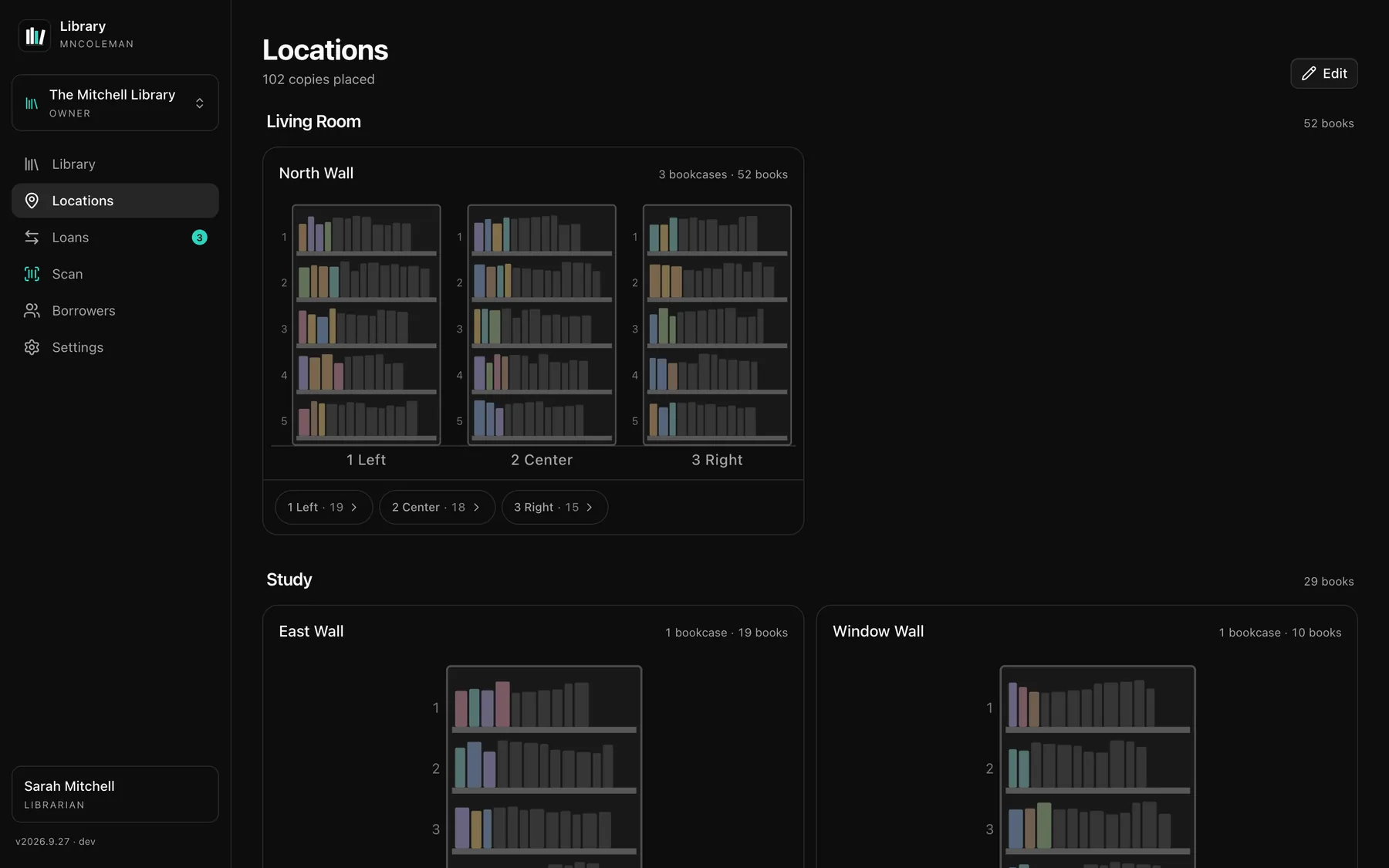 Locations: the Living Room's north wall with three bookcases drawn row by row, and the Study below.