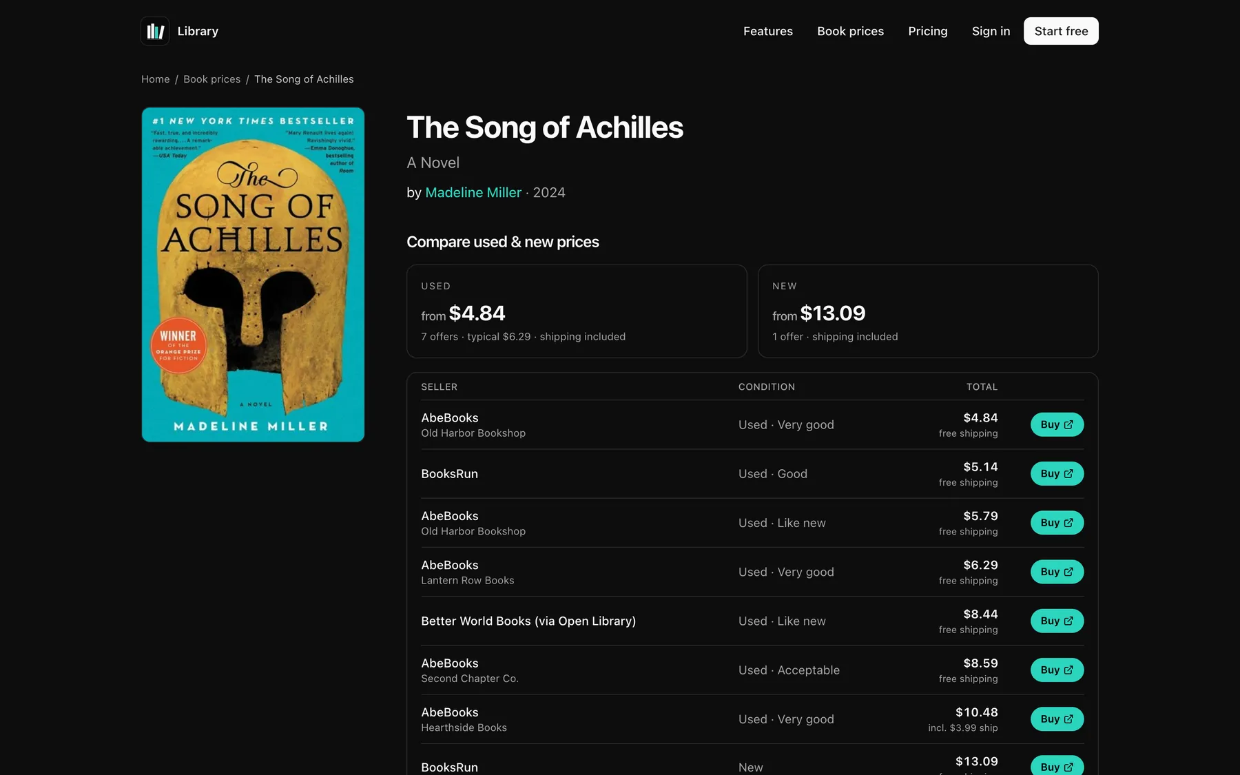 Price comparison for The Song of Achilles: used from $4.84 and new from $13.09, with a table of sellers.