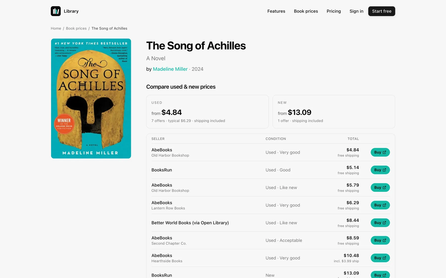 Price comparison for The Song of Achilles: used from $4.84 and new from $13.09, with a table of sellers.