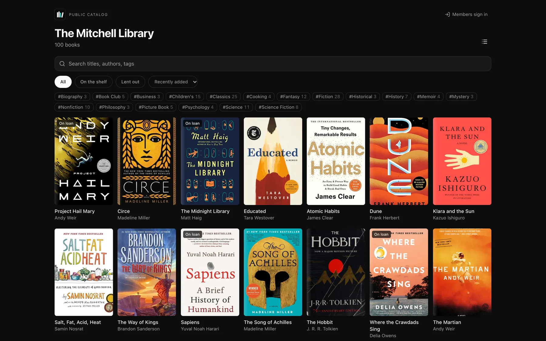 A public catalog page for The Mitchell Library: 100 books with covers, search, and tag filters.