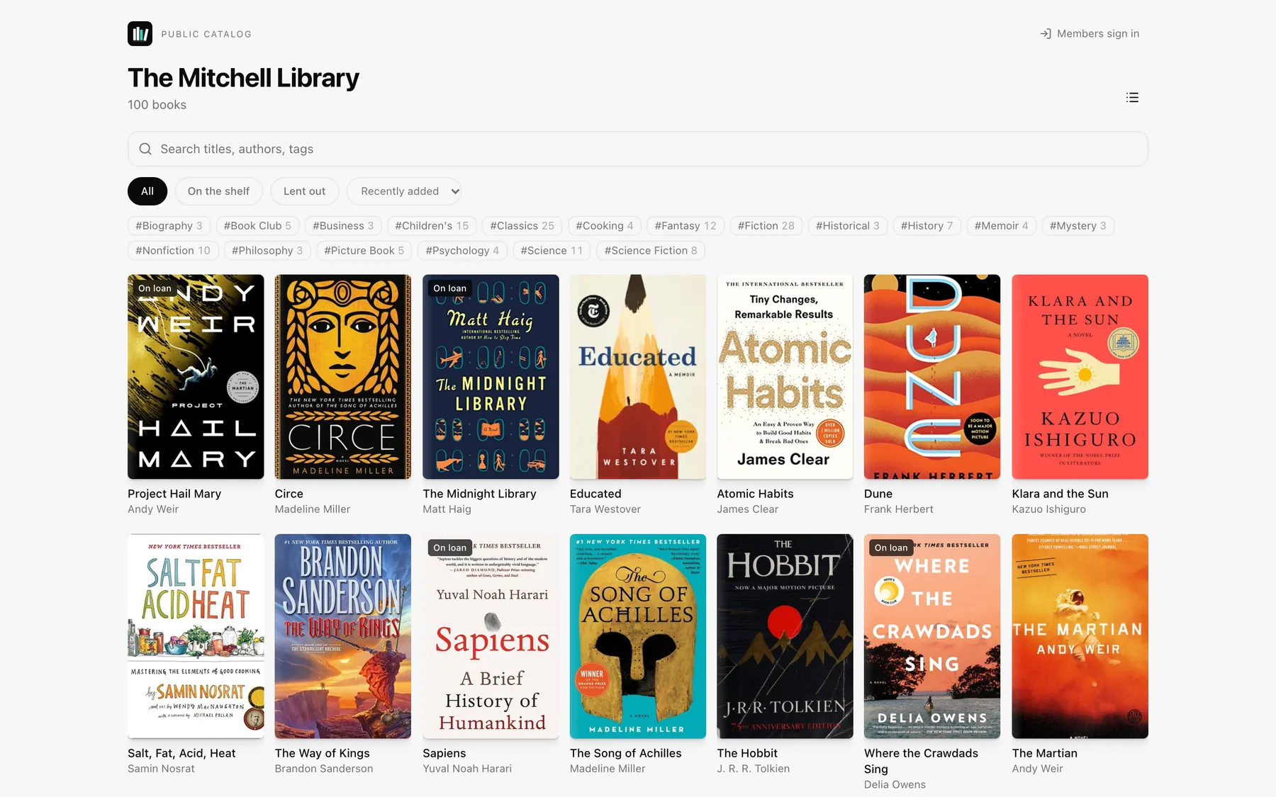 A public catalog page for The Mitchell Library: 100 books with covers, search, and tag filters.