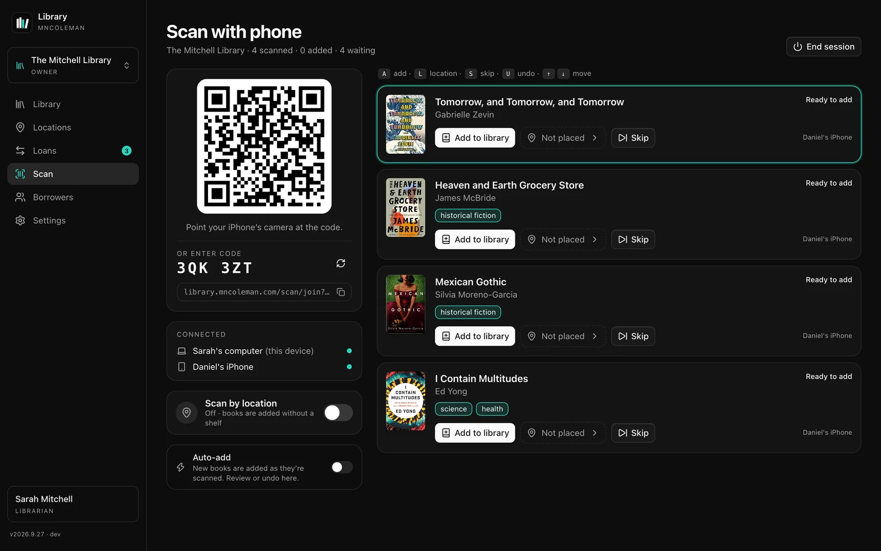 Scan with phone on a computer: a QR code to join, the connected phone, and four scanned books waiting to be added.
