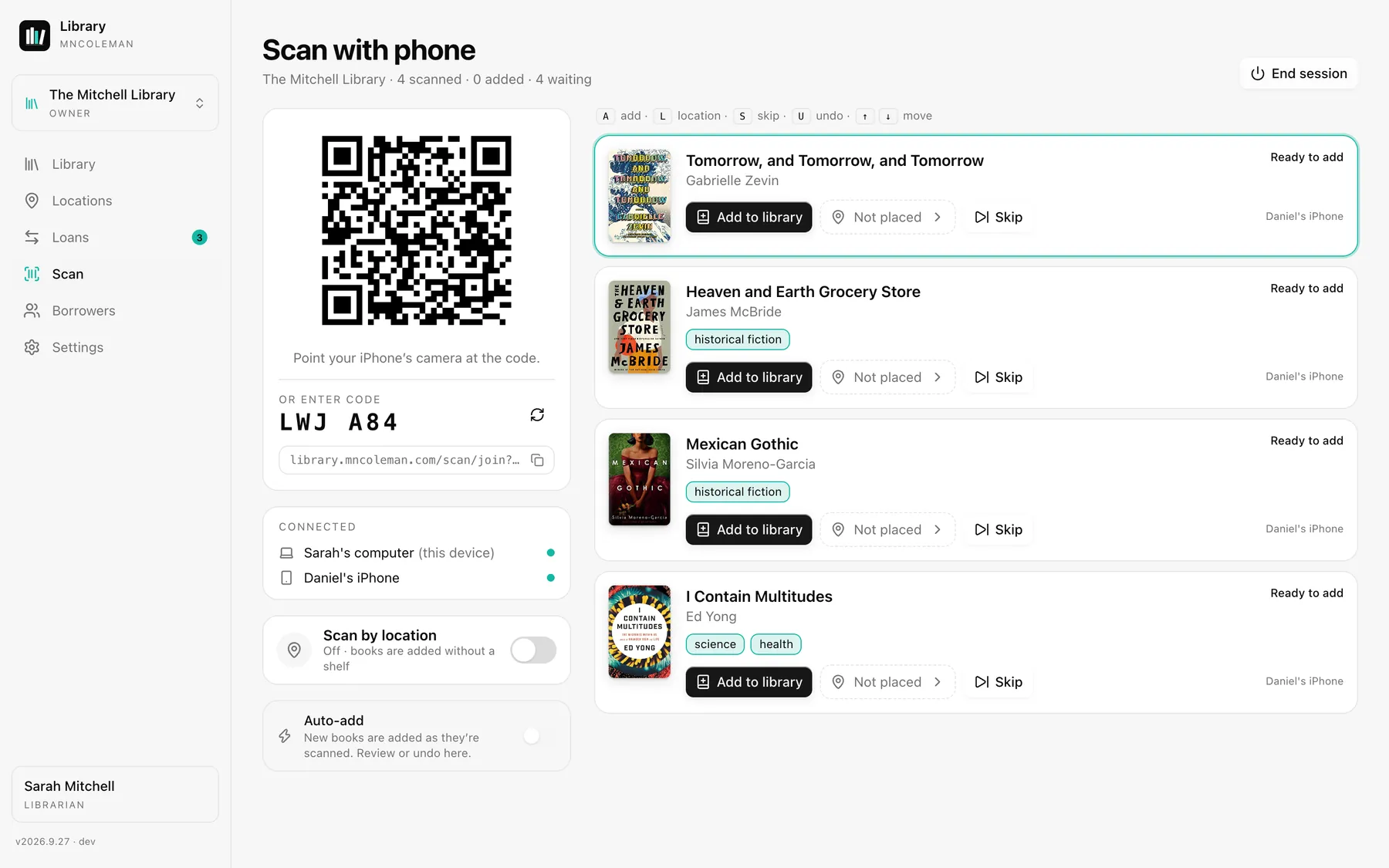 Scan with phone on a computer: a QR code to join, the connected phone, and four scanned books waiting to be added.
