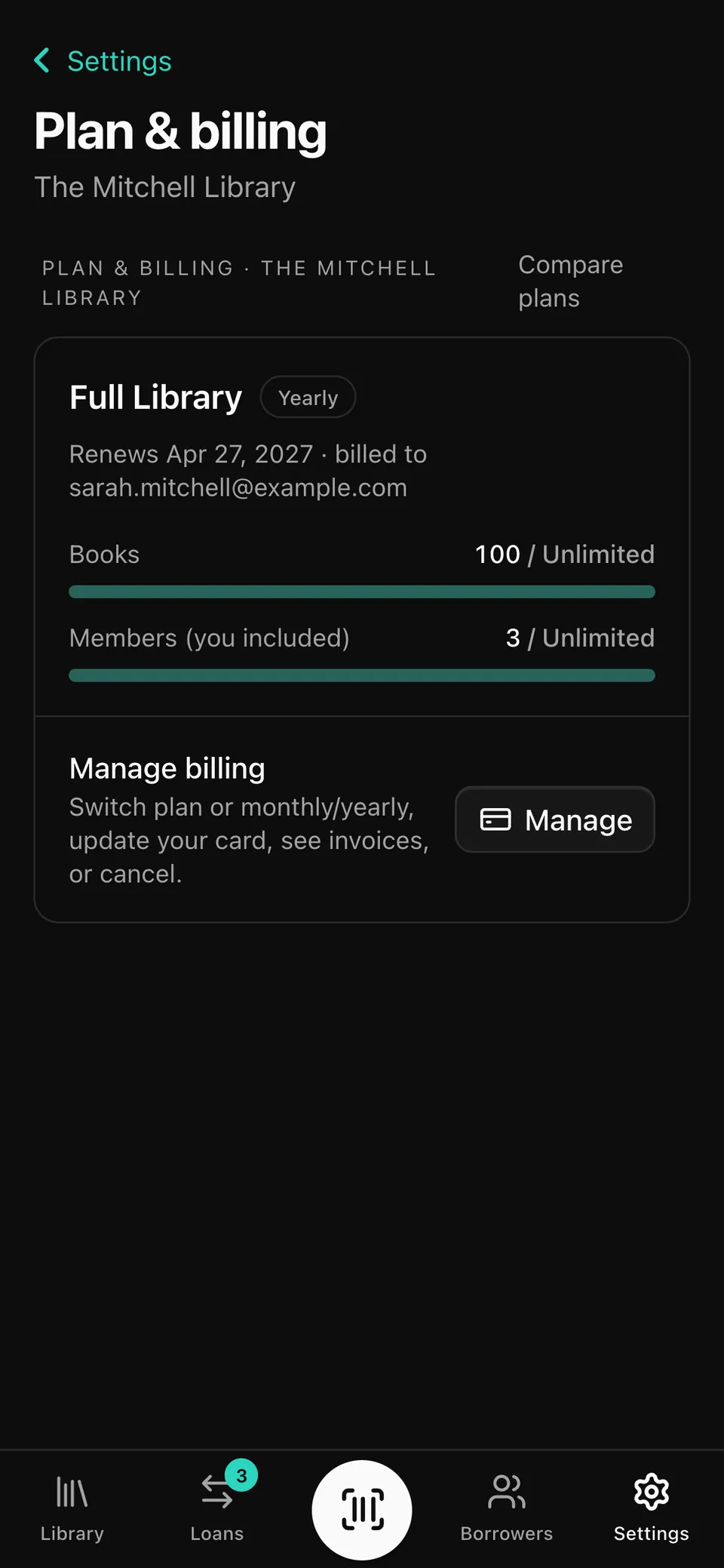 Plan and billing settings: Full Library, billed yearly, with book and member usage meters.