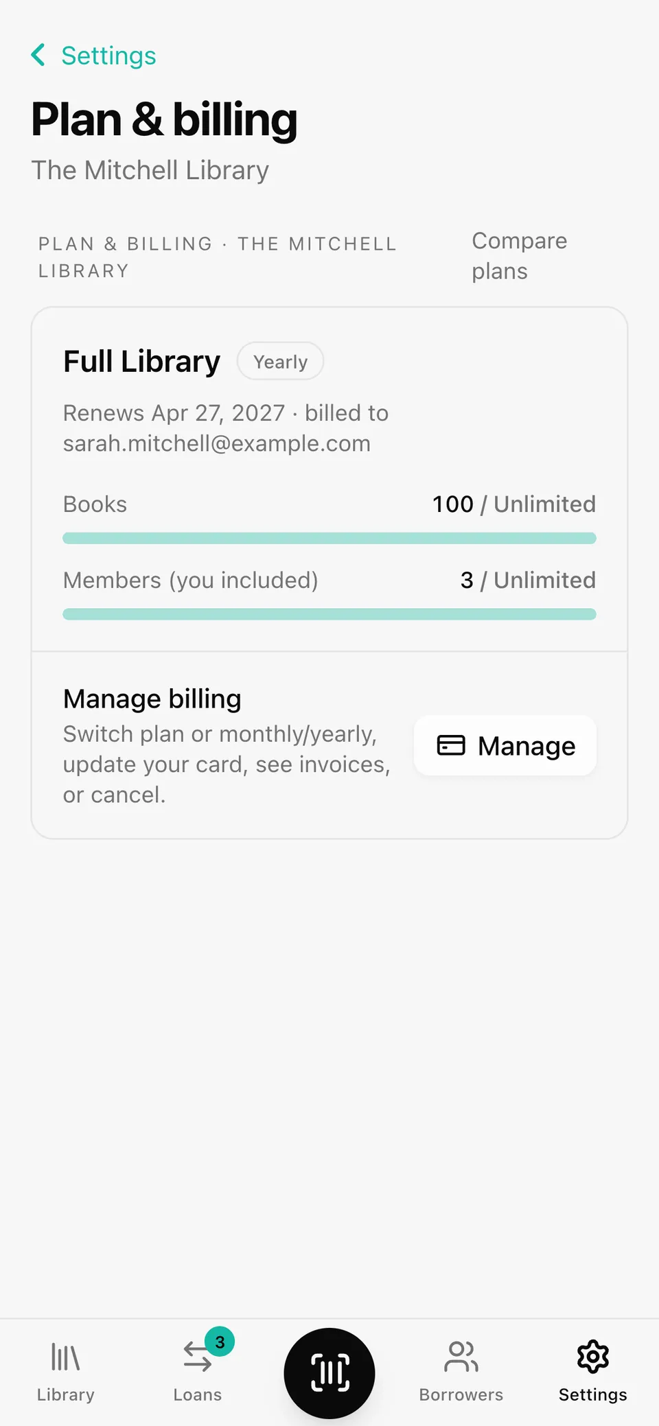 Plan and billing settings: Full Library, billed yearly, with book and member usage meters.