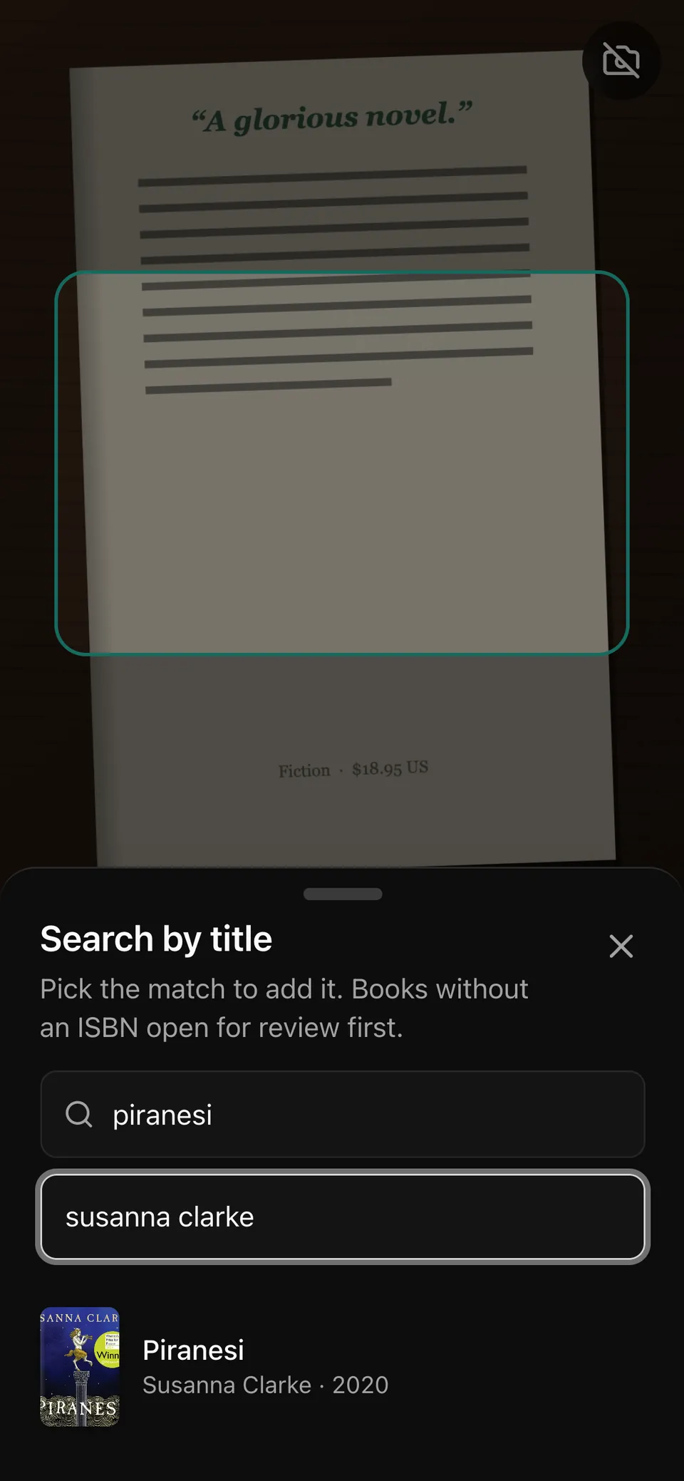 Search by title: typing Piranesi by Susanna Clarke finds the book with its cover.