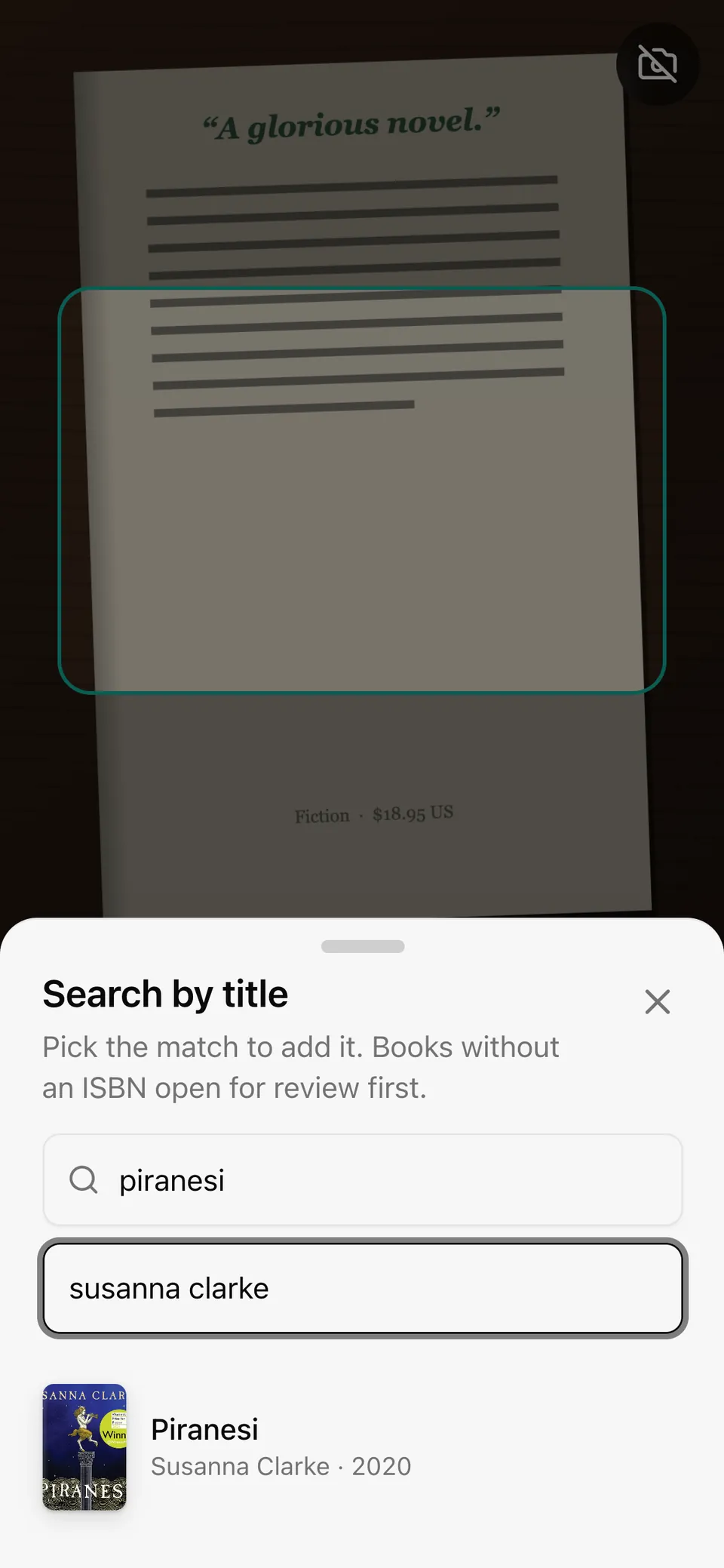 Search by title: typing Piranesi by Susanna Clarke finds the book with its cover.