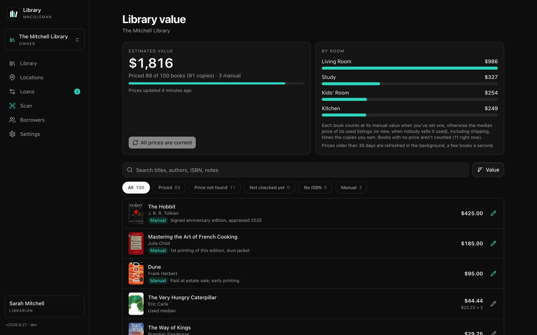 Library value: an estimated $1,816 across 100 books, broken down by room, with each book's price listed.