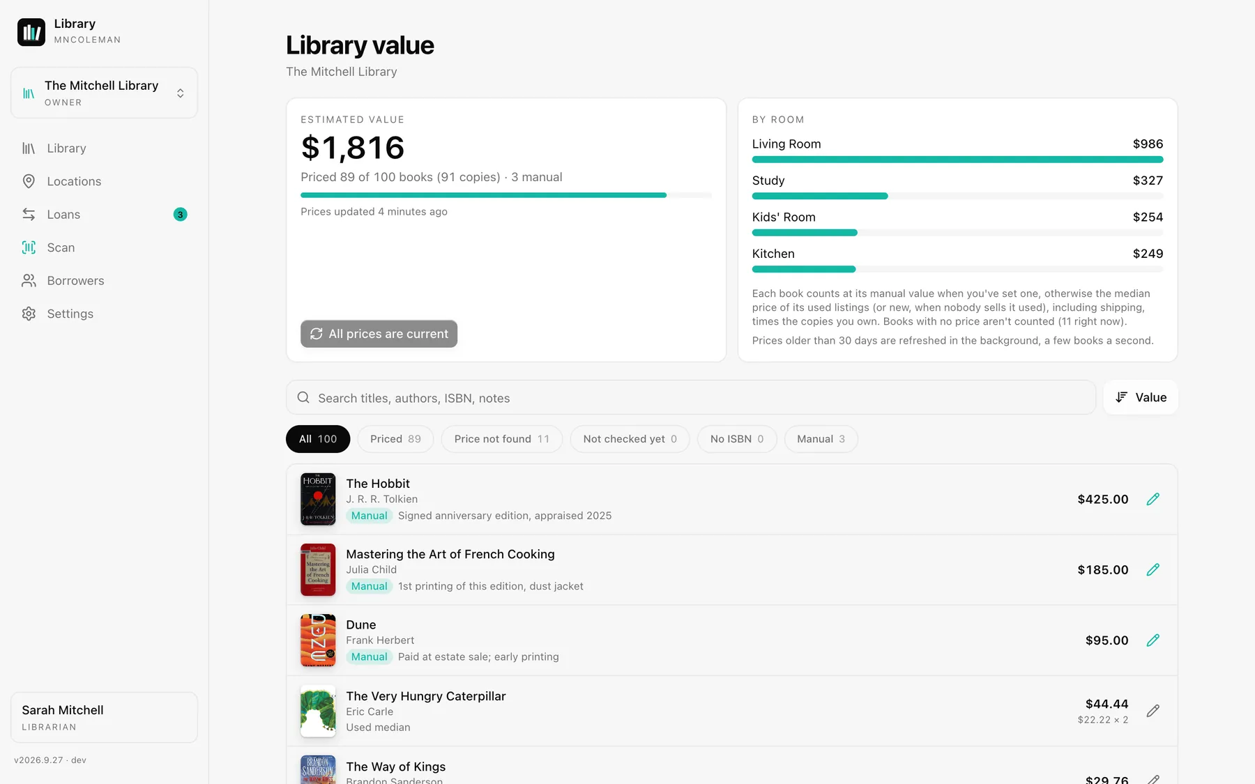 Library value: an estimated $1,816 across 100 books, broken down by room, with each book's price listed.